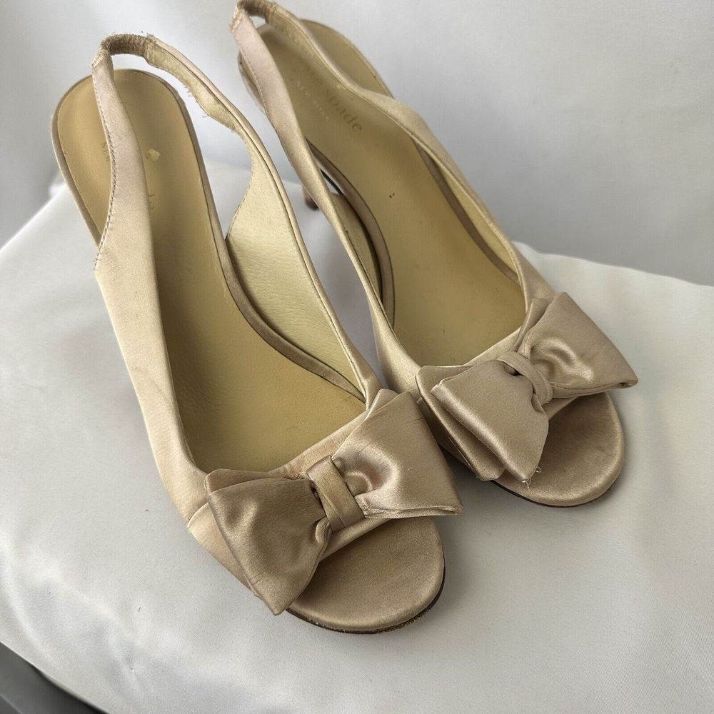 Vintage KATE SPADE NEW YORK Gold Satin Slingback Heels Open Toe Women's Size 8.5
